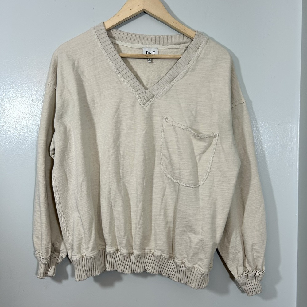 BKE Pullover Sweatshirt Women's Small Raw Edge Accents Beige Front Pocket